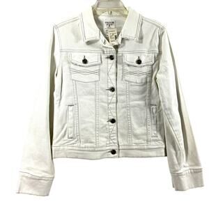 Maurice Jean Jacket Womens Medium Off White Denim Grunge Distress Gray‎ Thread